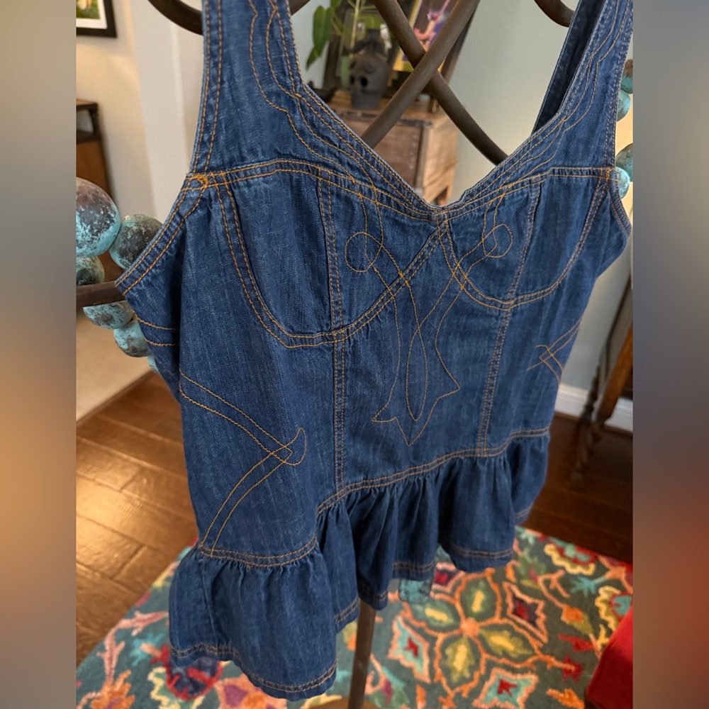 Anthropologie Embroidered Peplum Corset Denim Top - Picture 4 of 14